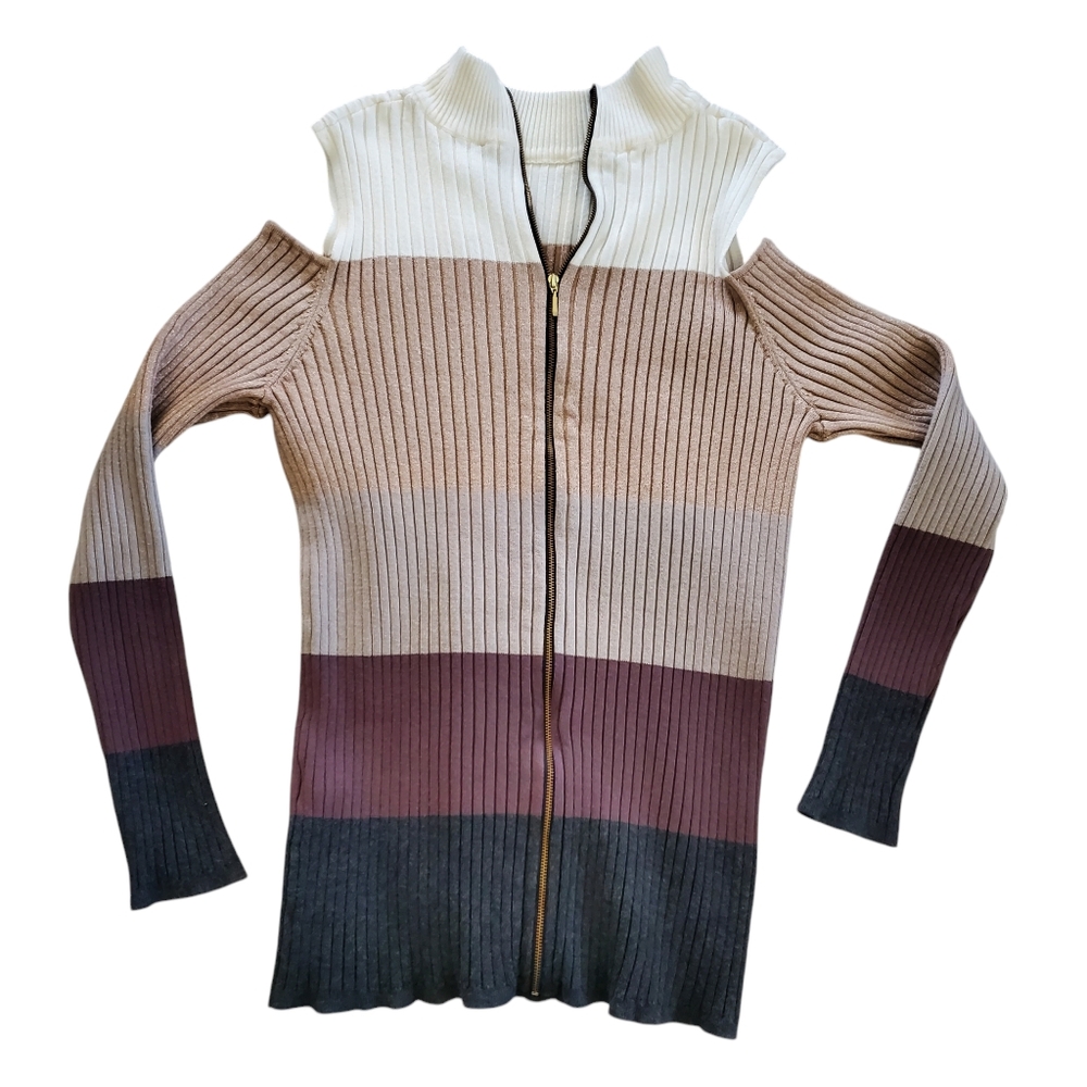 Chicos Striped Shine Cold-Shoulder Pullover Sweater Womens 2‎ US Large Zip Back